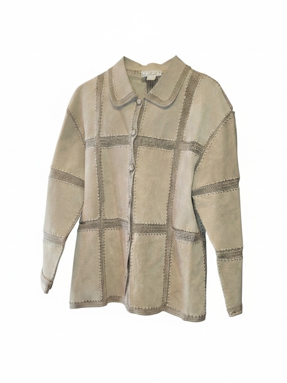 Chunky Patchwork Suede Button-Front Jacket - Beige. S.M.H Vintage